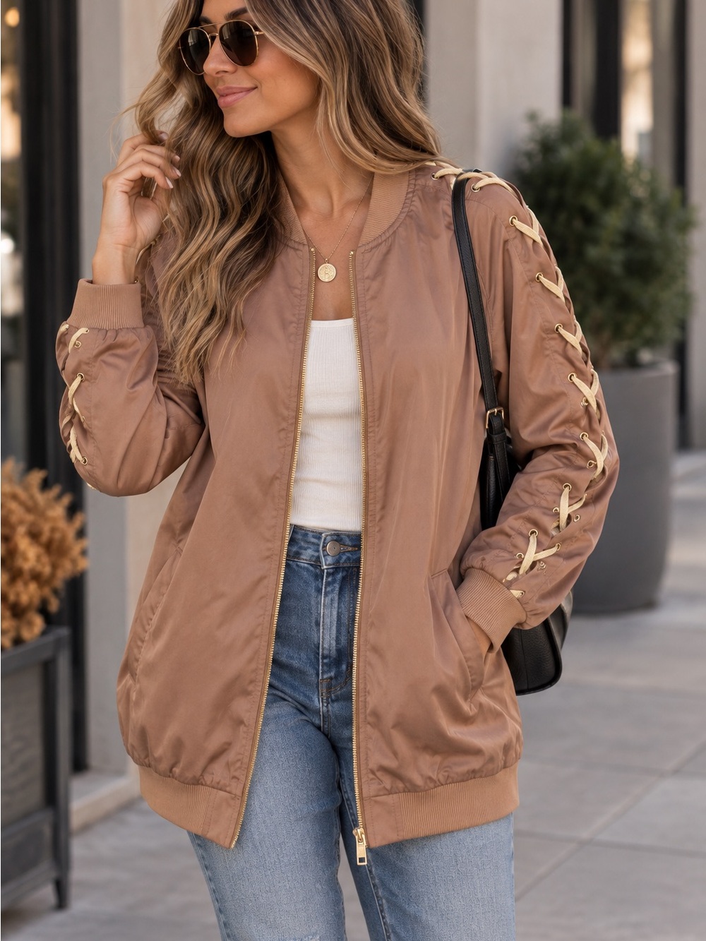 Womens Missguided Taupe Bomber Jacket with Lace-Up Sleeves